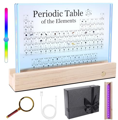 Rafecs Periodic Table with Real Elements Inside, Large Acrylic Periodic Table of Elements with 83 Real Samples and 7 Colorful LED Lights, Chemistry Gifts for Students, Kids, Teacher and Science Lovers