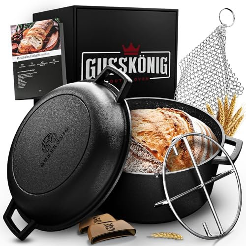 GUSSKÖNIG 2in1 Gusseisen Brotbackform–Eingebrannter Gusseisen Topf Brot Backen 4,8L & Grillpfanne 1,8L–Brotbackform,Brotbacktopf,Brottopf,Brotbackform mit Deckel + Kochbuch & Zubehör-30 Jahre Garantie