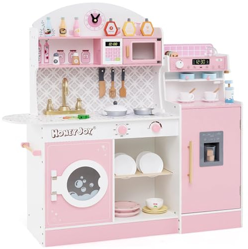 HONEY JOY Kids Kitchen Playset, Wooden Toy Kitchen Set w/Lights, Coffee Maker, Microwave, Sink, Ice Maker, Washing Machine, Little Chef Pretend Play Kitchen for Toddlers Boys Girls (Pink)