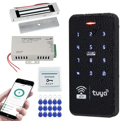 ReaIOKbii Kit de contrôle d'accès étanche WiFi RFID sans fil avec mot de passe clavier tactile rétroéclairé + 15 porte-clés 125 kHz + serrure électromagnétique 180 kg