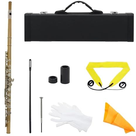 Querflöte Anfänger Flöte Mit 16 Geschlossenen Löchern C-Klappe Weißes Kupfer Konzertflöte Querflöte Holzblasinstrument Mit Kastenteilen Und Zubehör(Gold and silver)