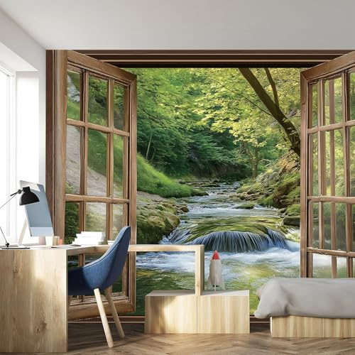 Papel Pintado Pared Ventanas De Madera Fotomurales 3D Tv Fondo Pared Moderno Dormitorio Murales, 250x180cm - 5 partes Fotografía, Vista Al Arroyo