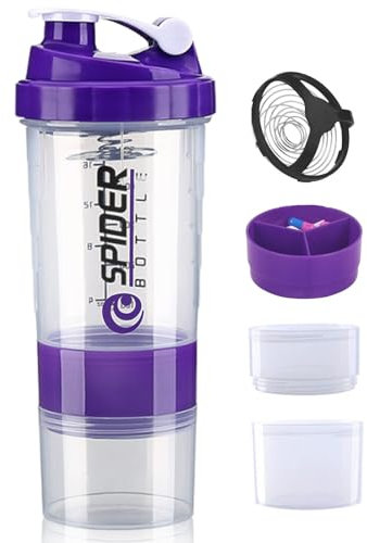 600ml 3-Layer Protein Shaker Bottle with Steel Mixing Ball, Leak-Proof & BPA-Free, Sports Water Bottle Includes Storage Compartment for Supplements, Easy-Clean Design for Gym & Sports(Purple)