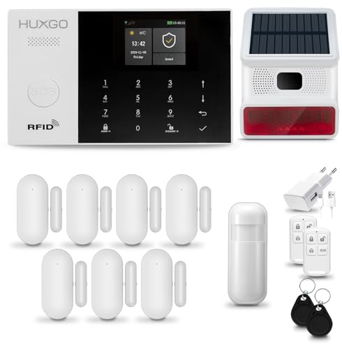 HUXGO® HXA005 Allarme casa senza fili WiFi + GSM 4G con wireless solare Sirena | Kit allarme con 1x rilevatore di movimento, 7x sensori per porte e finestre, telecomando | Compatibile con TUYA