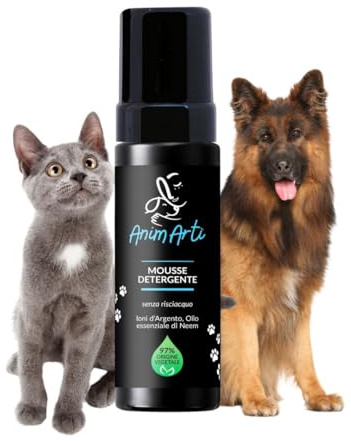 AnimArtì Shampoo a Secco Per Cani e Gatti Tutti i tipi di Pelo Mousse Detergente Senza Risciacquo 97% Origine Vegetale con Ioni d'Argento e Olio Essenziale di Neem - Made in Italy - 150ml