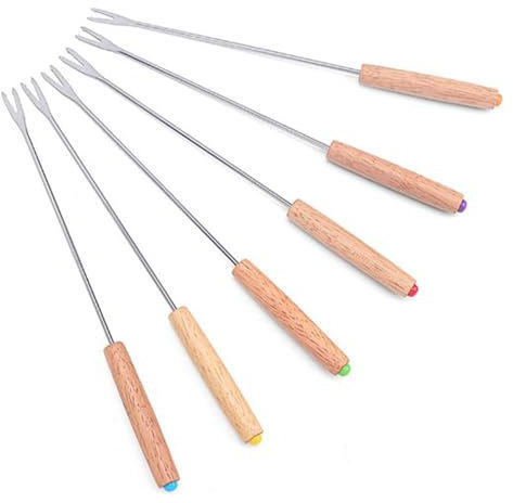 Fictory Tenedores de fondue de acero inoxidable: cómodo mango de roble, perfecto para fondue de queso y chocolate, diseño duradero y multifuncional, juego de 6 piezas para compartir fácilmente, suave