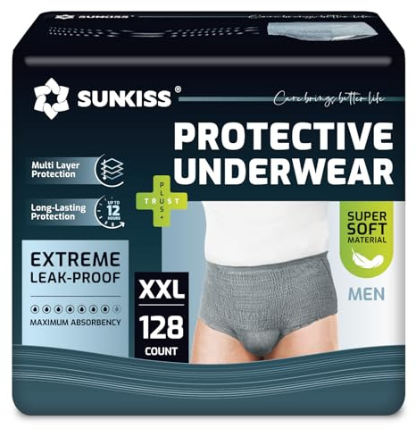 SUNKISS Pantaloni per incontinenza da uomo, usa e getta per adulti, pannolini da uomo, con massima assorbenza, grigio, taglia XXL, confezione da 128 pezzi