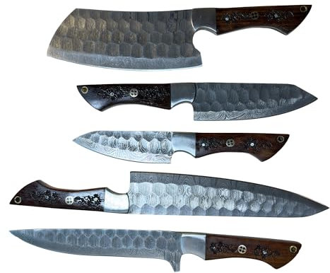 Ensemble de 5 Couteaux de Chef Damascus Artisanaux, Lames en Acier Damas avec Motif Ondulé, Manche en Bois (Marron gravé sur bois)