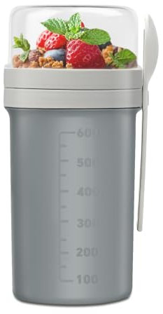 Tasse de Céréales Double Couche, 650ml+250ml Coupe de Yaour à Emporter, Tastes à Céréales à Yaourt avec Cuillère, Récipient à Muesli, pour Céréales à Emporter, Avoine, Lait, Fruits, Yaourt (Gris)