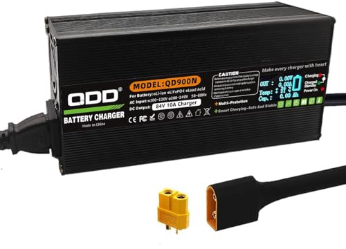 QDD Chargeur de batterie 84 V 10 A, boîtier en aluminium noir, sûr et durable, utilisé pour batterie au lithium 20S 72 V, chargeur intelligent, sortie DC, prise XT60 avec indicateur de charge