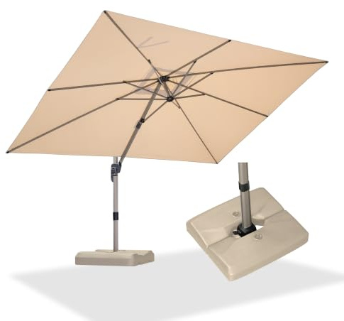 PURPLE LEAF Parasol Déporté 2,7 x 3,5 m Rectangulaire avec Pieds, Toit à Rotatif 360°, Protection UPF 50+, Parasol De Jardin Extérieur avec Poteau Champagne, Pour Piscine, Terrasse, Beige