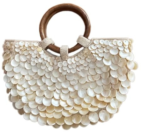 JIABAOZ Muschelperlen Geldbörse, Muschel Perlen Pailletten Tragetasche für Damen, Sommer Strand Tragetasche, Handgemachte Muschelperlen Pailletten Tasche mit Henkel