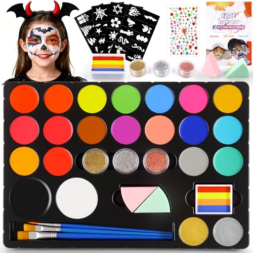 Face Painting, 22 Colors Face Paints for Children, Non-Toxic & Washable Face Piant for Halloween Make Up, Including Glitter, Stencil