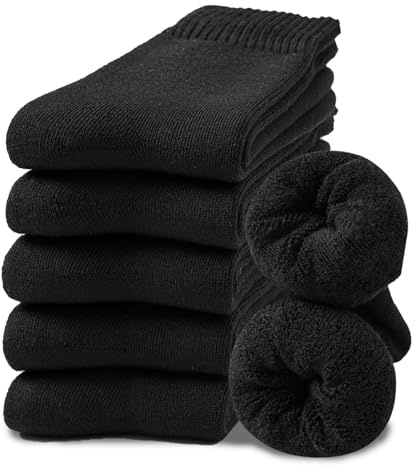 Hocerlu Thick Women's Thermal Socks - Cushioning Inner, Soft Cosy, 5 Pairs Black Ladies Warm Winter Wool Crew Boot Socks for Walking, Hiking, Working and Gift, UK Size 4-8