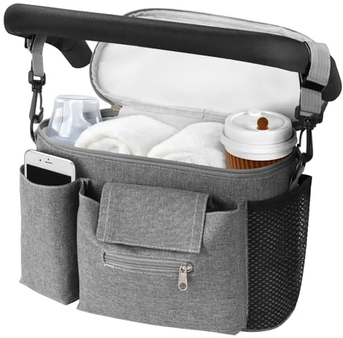 HOTUT Bolso Carro Bebé Universal, Bolsa Organizadora de Cochecitos para Mamá, Universal Impermeable Multifuncional de Gran Capacidad, 2 Bolsillos de Malla y Correas de Hombro Ajustables