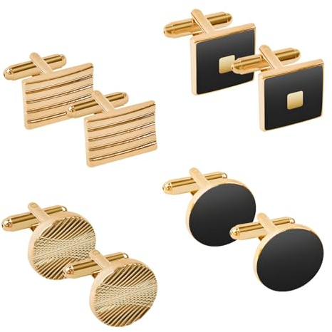 RUGBOL Gemelos, 4 pares, rayados, cuadrados, rectangulares, para camisas de hombre, negocios, boda, fiesta, regalo (dorado)