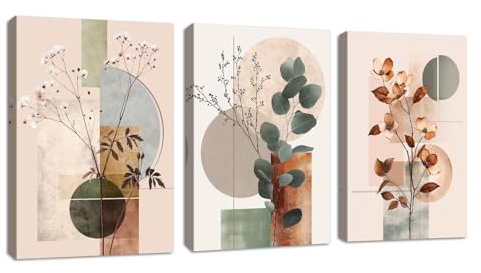 3Pcs Beige Geometrisch Abstrakt leinwand Bilder mit Rahmen Botanisch Baumwolle Eukalyptus Blatt Wandbilder Pflanzen Blumen Bild Auf Leinwand Kunstdruck Deko für Wohnzimmer schlafzimmer Büro 40X60cmX3