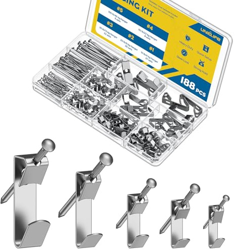 Uniclife Kit di Sospensione per Quadri 188 Pezzi, 4 kg, 9 kg, 13 kg, 22 kg, 45 kg Ganci per Quadri Rinforzati per Cartongesso e Legno, Ganci per Cornici per Appendere Foto Specchi Dipinti, Argento
