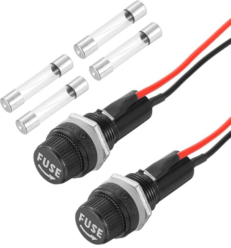sourcing map 2 Pcs Panel Mount Fuse Holder, 6 x 30mm 10/15A DC 125/250V Ring Terminal Screw Cap Fuse Holders with Pre-Soldered Wires and 6A Glass Tube Fuses