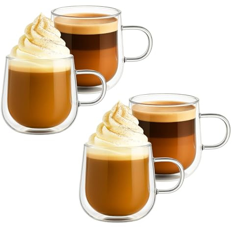Innoteck Double Walled Glass Coffee Cups, Set of 4, 275ml | Set of four 275ml borosilicate glass coffee cups with double-wall insulation, handles & heat-resistant for hot or cold drinks