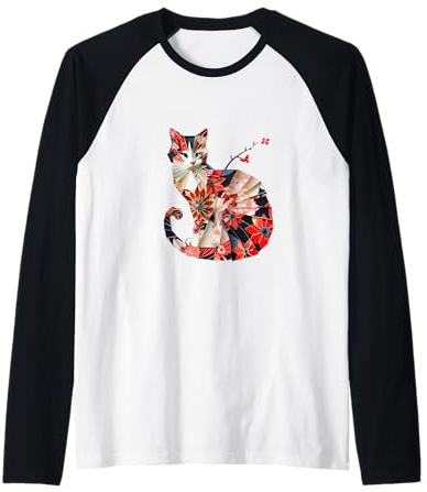 Gatto Origami Gatti Giapponesi in Fiore di ciliegio Giappone Maglia con Maniche Raglan