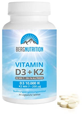 Berg Nutrition Vitamin D3 10.000 I.E + 200 µg K2 99+% ALL-Trans, 365 vegetarische Tabletten hochdosiert u. teilbar, Premium Vitamin D Tabletten, Vitamin D 3 und Vitamin K 2