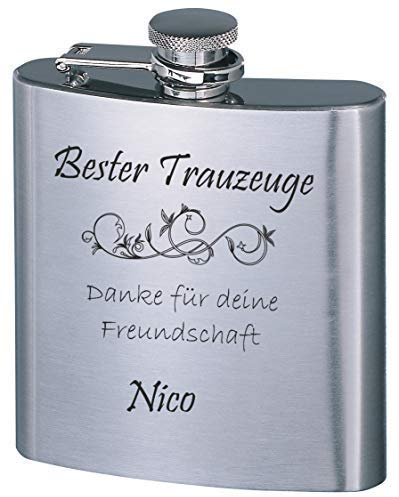 Edelstahl Flachmann inkl. Gravur, Schnapsgläser und Einfülltrichter - Bester Trauzeuge - Trauzeugengeschenk - Personalisierbar mit Wunschname - mit Geschenkbox (Ornament)