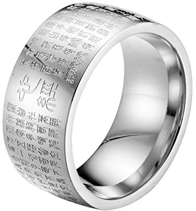 HIJONES Homme Bouddhiste Mantra Coeur Sutra 10mm Large Bague en Acier Inoxydable, Sceau Script Chinois Argent Taille 68