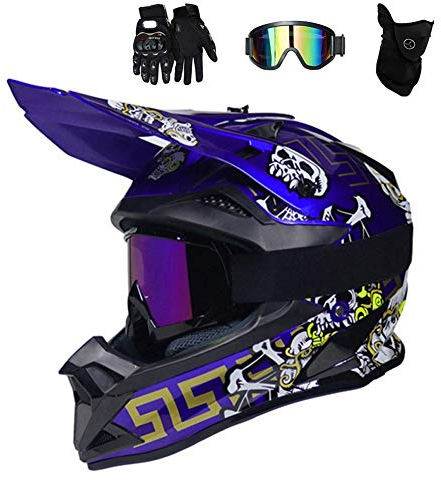 Azul/ Cráneo - Casco de Motocross Hombre con Gafas (4 Pcs) Casco Enduro Adulto con Forro Extraíble, Pro Casco MTB Integral Cross Protecciones Moto para MX Quad Descenso Enduro Motocicleta,M