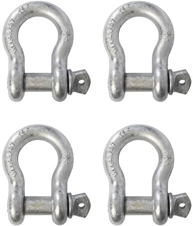 Hi-Gear Paquete de 4 grilletes de arco galvanizados de 3/4 pulgadas, grillete de anillo en D resistente, irrompible, 28,5 toneladas (56 libras), resistencia máxima a la rotura con tornillo de arco de