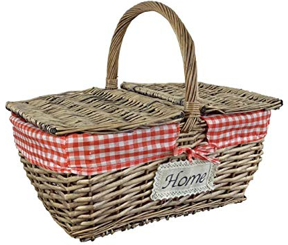 Cestino da pic nic in vimini SOSTY45 con manico fodera in cotone rimovibile picnic quadri bianchi e rossi per feste barbecue cm.42x35 h20
