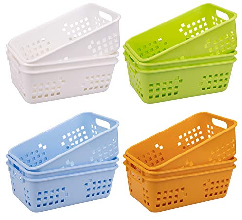 Jucoan 12 Pack Classroom Storage Baskets, Colorful Small Plastic Organizer Basket Bin, Pen Pencil Crayon Storage Tray for Home Office School Desktop, Drawers, Shelves, 4 Colors, 8.5 x 5.5 x 3 Inch