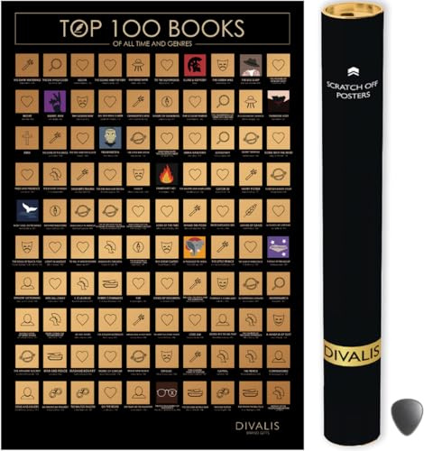 Rubbel Poster von 100 Büchern mit Kratzer - Einfach zu Rahmen 100 Bücher die Man Gelesen Haben Muss - Bücherliste Abkratzen - Rubbel Buchliste Zubehör inklusive - Scratch off Books Bucket List