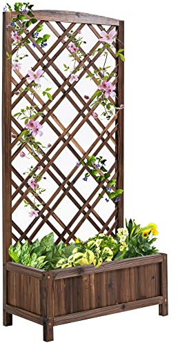 Outsunny Hochbeet Blumenständer Garten Pflanzkasten mit Rankgitter Holz Rankkasten Braun 60 x 30 x 122,5 cm