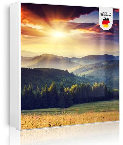 banjado Großer Schlüsselkasten Metall - Schlüsselbox 30x30cm beschreibbarer mit 32 Haken - Schlüsselkasten modern für Schlüsselaufbewahrung - Korpus Weiß Scharnier Links - Motiv Karpaten Sonnenunterga