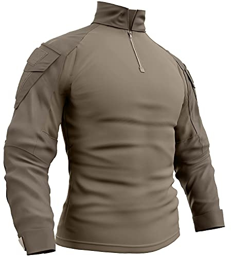 Memoryee Homme Tactique Militaire Chemise Manches Longues de Combat avec 1/4 Fermeture Glissière et Poches/Khaki/S