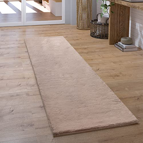 Paco Home Alfombra Pasillo Pelo Largo Hall Dormitorio Salón Mullida Alfombra Piel Sintética Moderna Monocolor, tamaño:80x300 cm, Color:Beige
