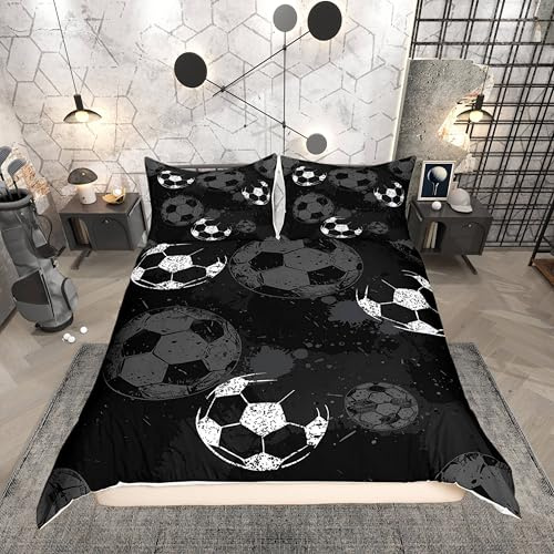 Soccer Pattern Bedding Set Twin Size for Kids Boys Bedroom,Sports Gaming Bed Duvet Cover Set,Black and White Comforter Cover Tie-dye Decor 2 Pieces 1 Duvet Cover with 1 Pillowcase No Comforter
