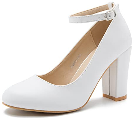 Women's Block High Heel Pumps with Ankle Strap, Round Toe, Classic Style Matte White 26.87cm Insole - US 10.5