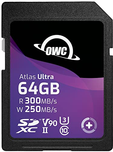 OWC Atlas Ultra SD V90-64GB - SDXC UHS-II V90 Media Card, Up to 300MB/s read and 250MB/s write, High-performance, memory card for advanced photography and video recording
