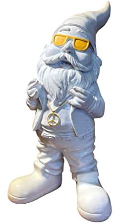 SEWAS Gartenzwerg mit Peace Kette, Weiss-Gold Edition, Schöne Dekofigur, handbemalt und wetterfest aus hochwertigem Kunstharz