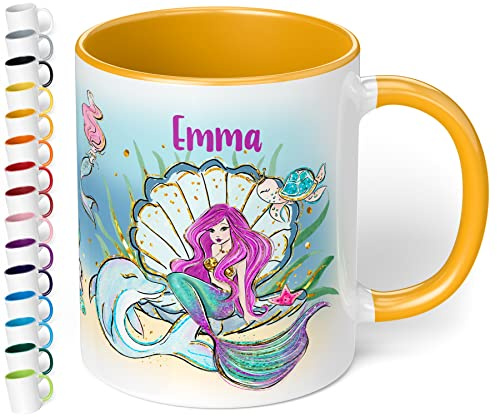Kindertasse mit Namen „Meerjungfrau“ – Kinderbecher personalisiert | Tasse für Mädchen, Namenstasse für Kinder - personalisierte Geschenke zur Einschulung, Geburtstag, Weihnachten (Goldgelb)