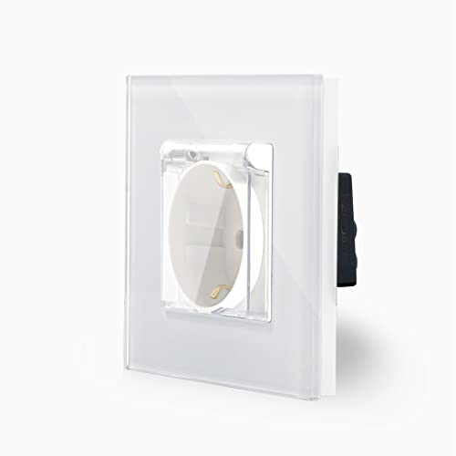 Luxus-Time Steckdose Schuko mit Abdeckung im einfachen Design Glasrahmen für die DE Unterputzdose Einbau Stecker mit Deckel Spritzwassergeschütz IP44 in weiß LXBG1-LX-71Cover-11