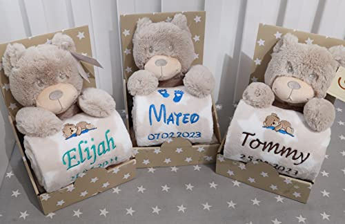 Generisch Geschenk-Set New Baby ★ Babydecke mit Namen + Plüschtier ★ Baby-Shower ★ Geburt ★ (Beige - Teddybär 3)