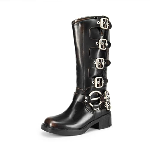 DREAM PAIRS Women's Knee High Biker Moto Boots,Black/Brown,7