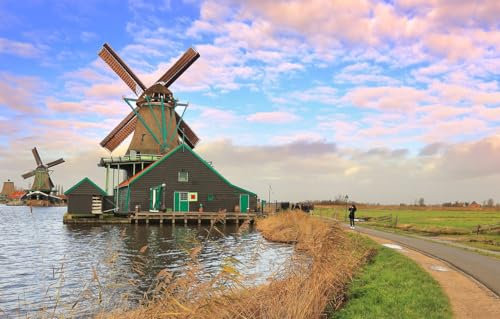GUOHLOZ Puzzle 1500 Teile,Puzzle für Erwachsene, Impossible Puzzle,Puzzle farbenfrohes Legespiel,1500 Puzzle Home Dekoration Puzzle, Kanal, Niederlande, Windmühle, 87x57cm