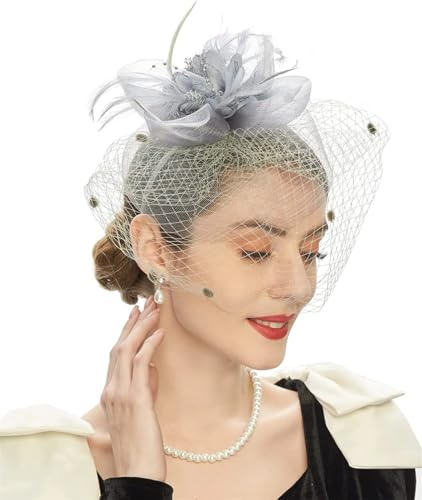 Braut-Fascinator für Damen, Teeparty, Stirnband, Derby-Hut, Hochzeit, Blume, Netzschleier, Fascinator, grau, Einheitsgröße