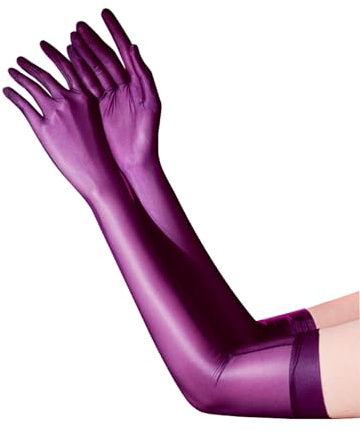Fldy Damen Lang Handschuhe Glänzende Nylon Handschuhe Transparent Glatte Seidig-Glanz Armelstulpen Für Oper Hochzeit Brautparty Abschlussball Violett_A M