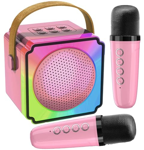 Joycome Máquina de Karaoke con 2 Micrófonos Inalámbricos, Altavoz Efectos Cambiador de Voz y Luces LED, Karaoke Completo Portátil Soporte Tarjeta TF, AUX, USB para Infantil, Adultos - Rosa