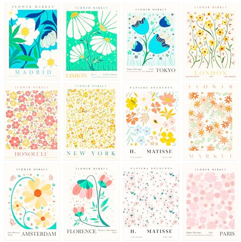 Neikafan 12 Stück Single Flower Market Poster Matisse Blumen Bilder Kunstdruck Posters Vintage Flower Market 20x25 cm für Wohnzimmer Schlafzimmer Esszimmer Flower Markt Poster Kein Rahmen